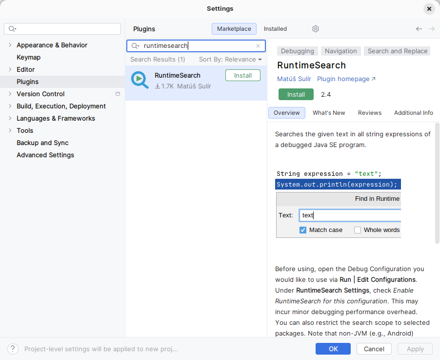 RuntimeSearch installation in IntelliJ IDEA